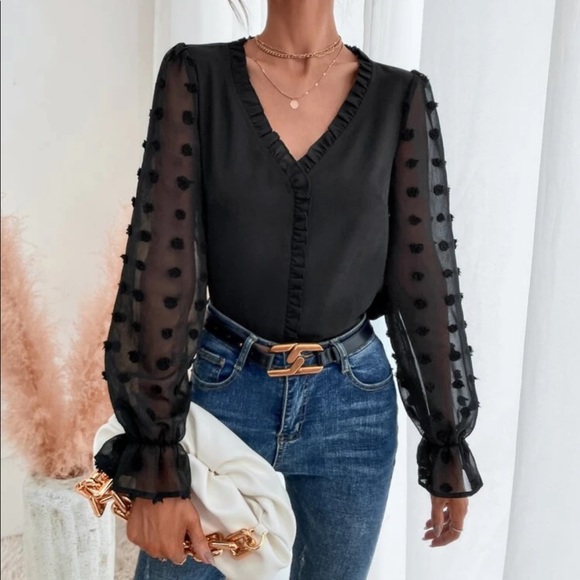 Black V neck Swiss dot sleeve blouse - Picture 3 of 5